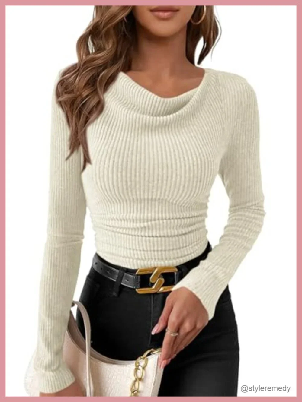 Long Sleeve Cowl Neck Ribbed Knit Crop Top Ruched T-Shirt